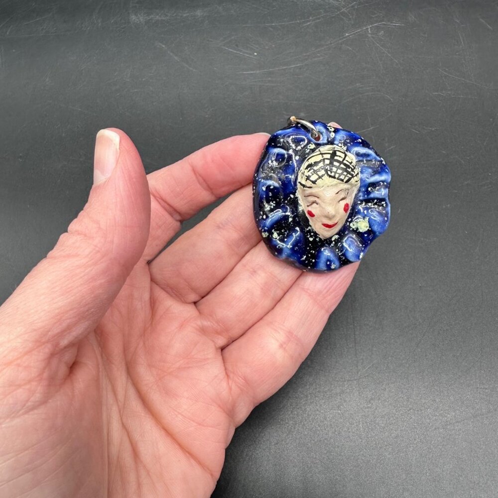 Vintage Harlequin Clown Pendant Bold Blue Cosmic Ceramic Charm Quirky Handmade - Picture 6 of 7